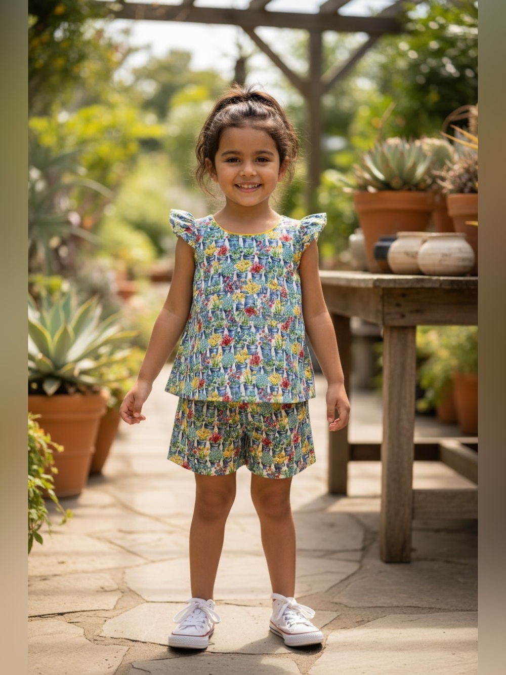 Girls Two-Piece Floral Garden Print Top & Shorts Set - Multicolor Handman
